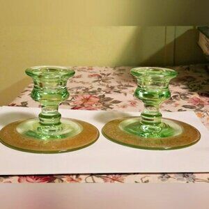 Vintage Uranium Glass Candlesticks Green w/Art Nouveau gilt flower motif
